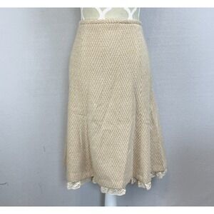 Vintage Wool Tweed‎ A Line Midi Skirt Crochet Hem Beige Tan Chevron Size 10